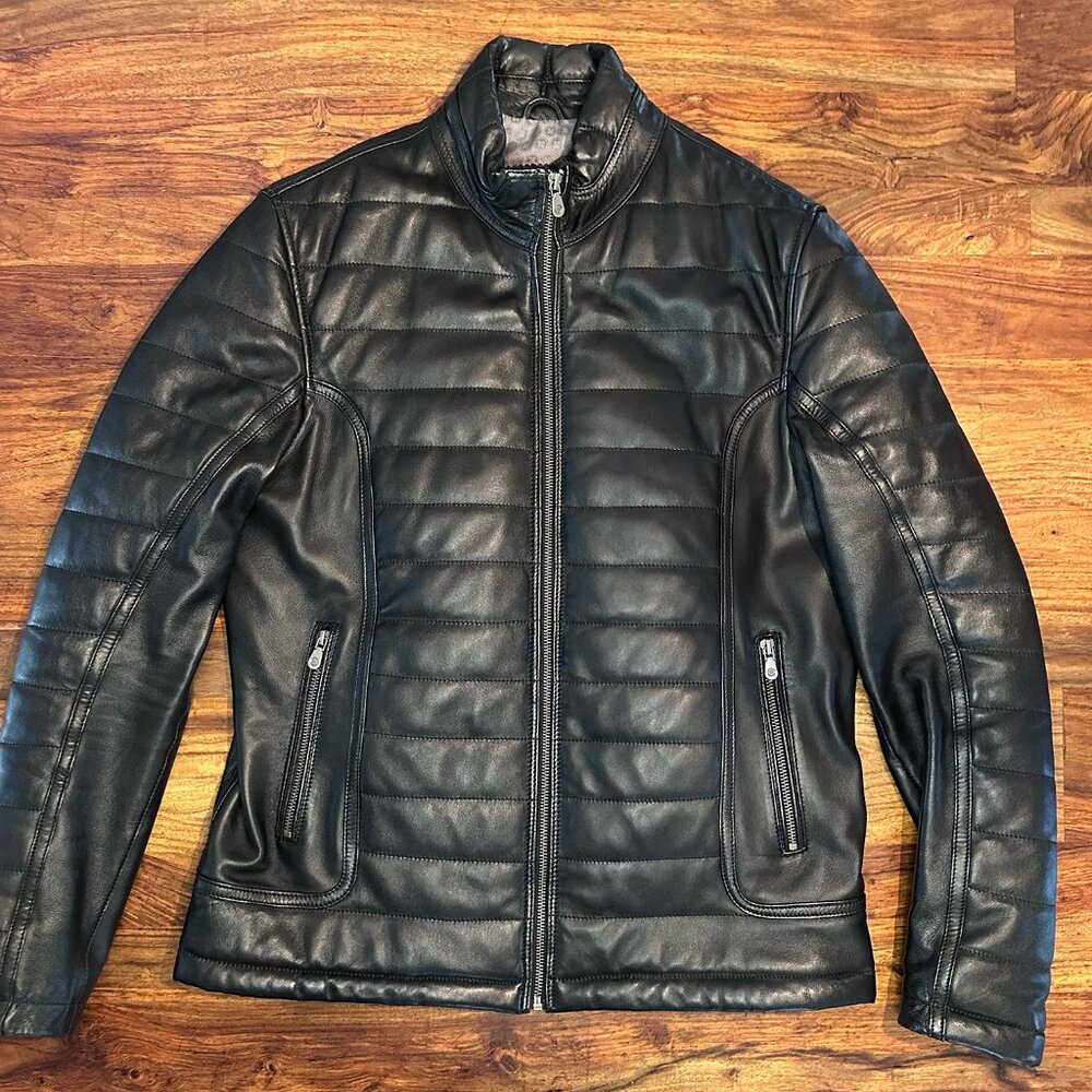 Quilted 100% Lambskin Black Leather Moto Jacket by: PINOPORTE, Men Size Medium